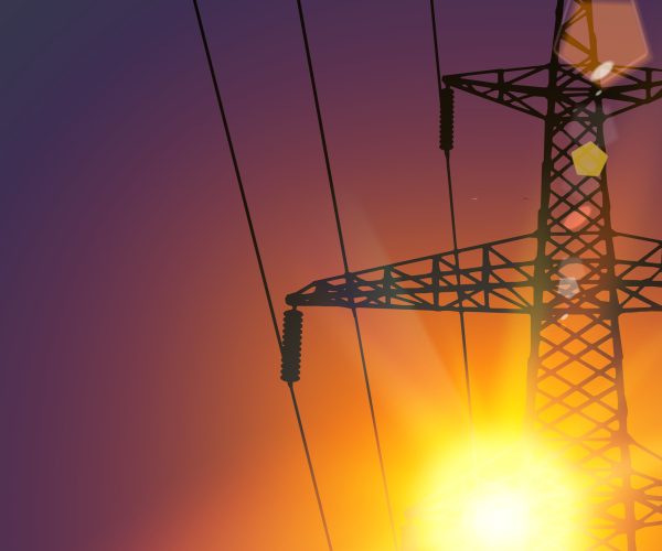 Electrical Transmission Line of High Voltage Over Sunset. Vector Illustration.