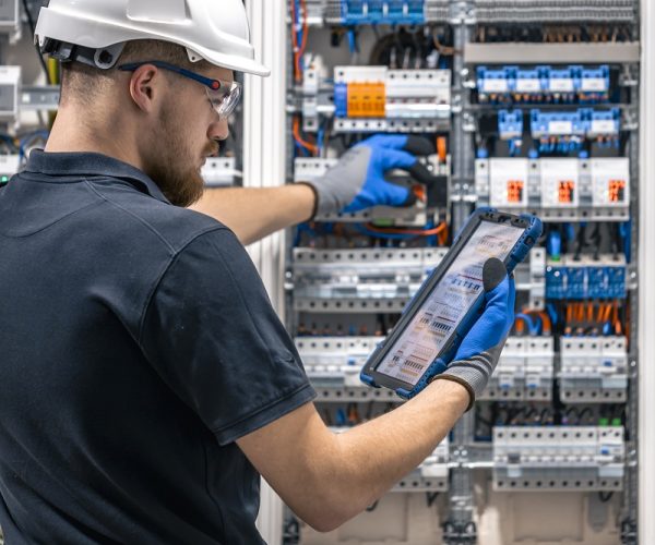 Electrical technician working in a switchboard with fuses, uses a tablet. Electrical technician looking focused while working in a switchboard with fuses.