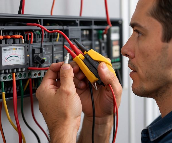 Close-up Of A Male Electrician Checking Fuse With Multimeter