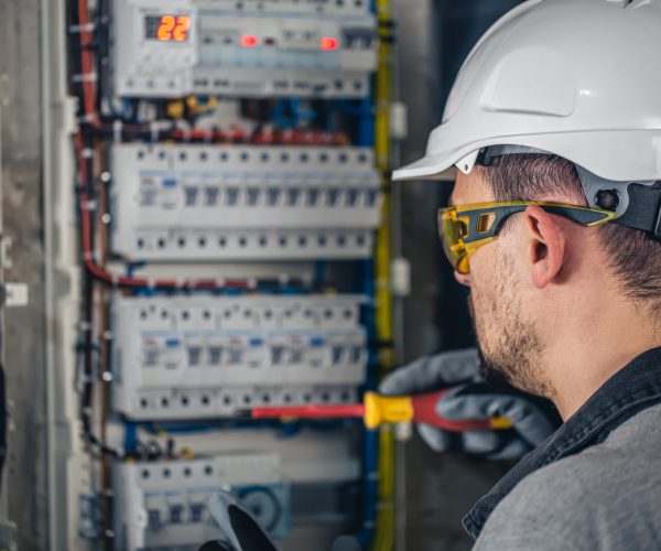 Man, an electrical technician working in a switchboard with fuses. Installation and connection of electrical equipment.