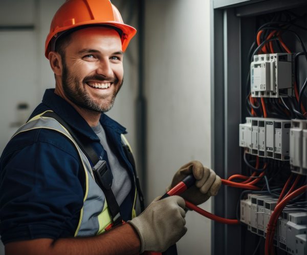 Professional electrician man works in a switchboard with an electrical connecting cable, Electrician repairing