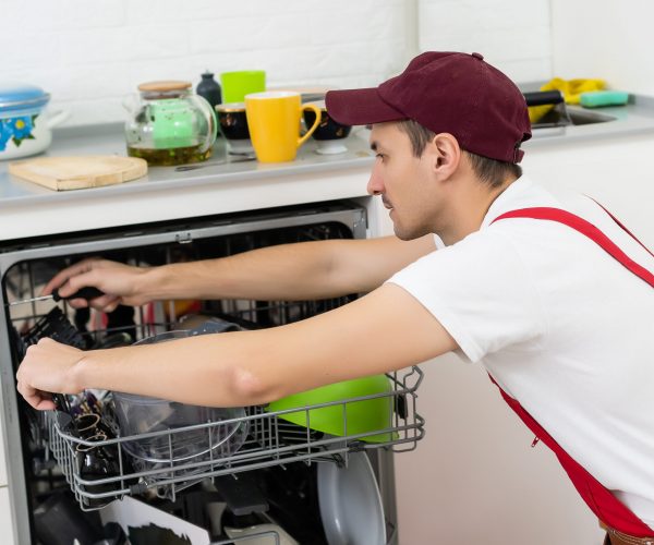 Repair of dishwashers. The master has come home and is repairing the dishwasher.